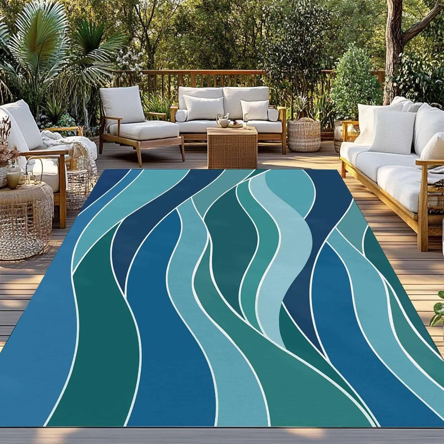 Turquoise Blue Outdoor Rug 4x6ft Large Patio Rug,Washable RV Camping Outside Area Runner Rug Mat,Green Gradient Abstract Wave Stripes Carpet for Picnic Backyard Deck Porch Balcony Beach & Indoor