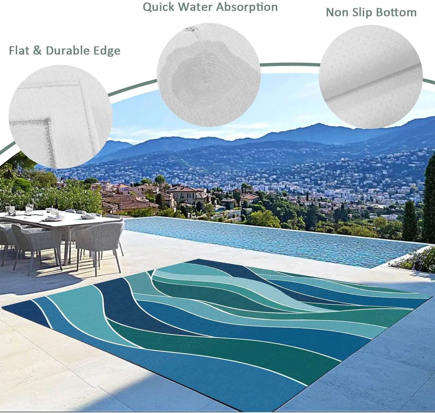 Turquoise Blue Outdoor Rug 4x6ft Large Patio Rug,Washable RV Camping Outside Area Runner Rug Mat,Green Gradient Abstract Wave Stripes Carpet for Picnic Backyard Deck Porch Balcony Beach & Indoor