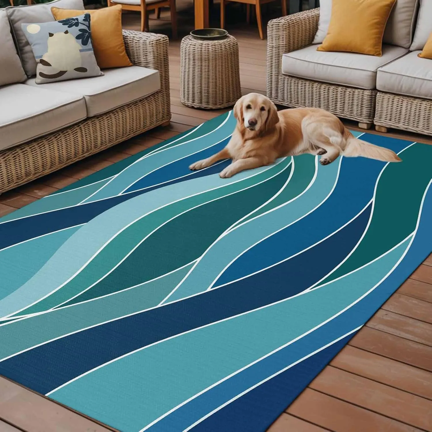 Turquoise Blue Outdoor Rug 4x6ft Large Patio Rug,Washable RV Camping Outside Area Runner Rug Mat,Green Gradient Abstract Wave Stripes Carpet for Picnic Backyard Deck Porch Balcony Beach & Indoor