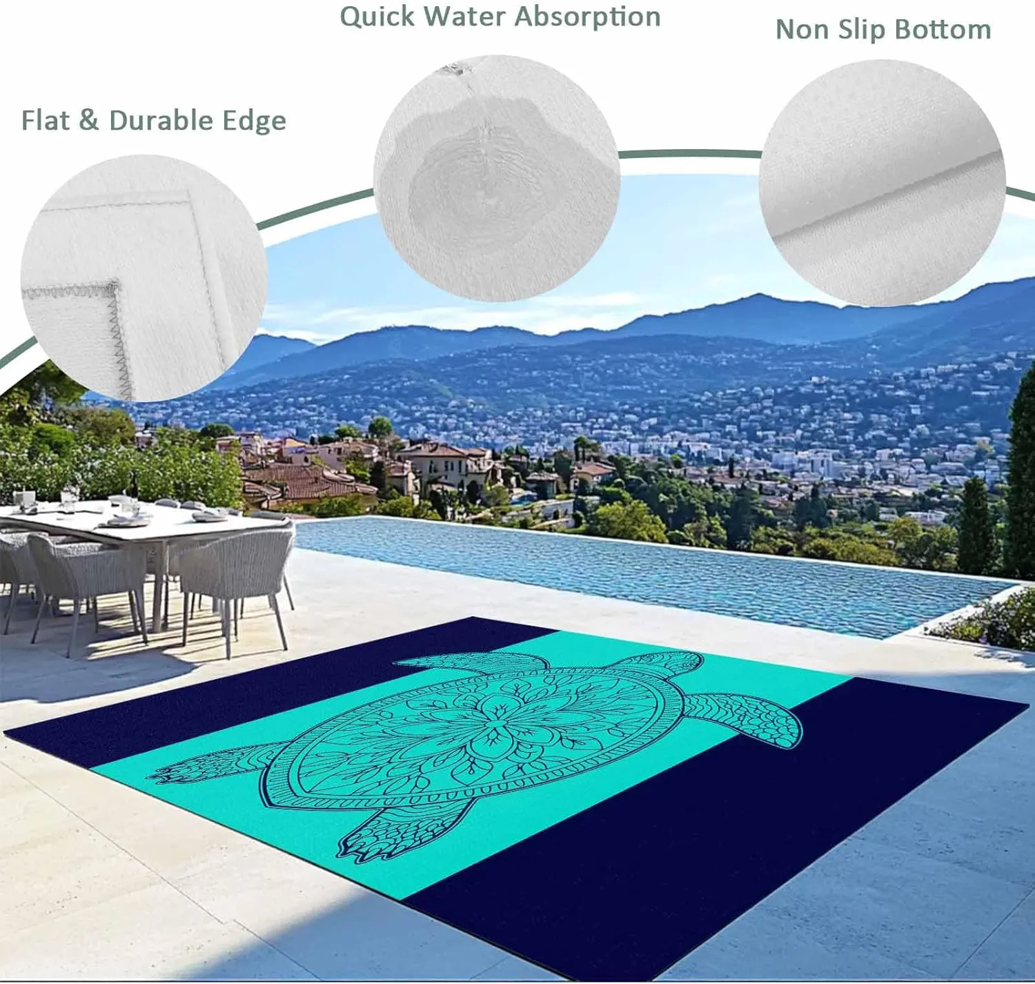Turtle Mandalas Outdoor Rug 4x6ft Large Patio Rug,Washable RV Camping Outside Area Runner Rug Mat,Boho Modern Abstract Blue Stripe Summer Carpet for Picnic Backyard Deck Porch Balcony Beach & Indoor