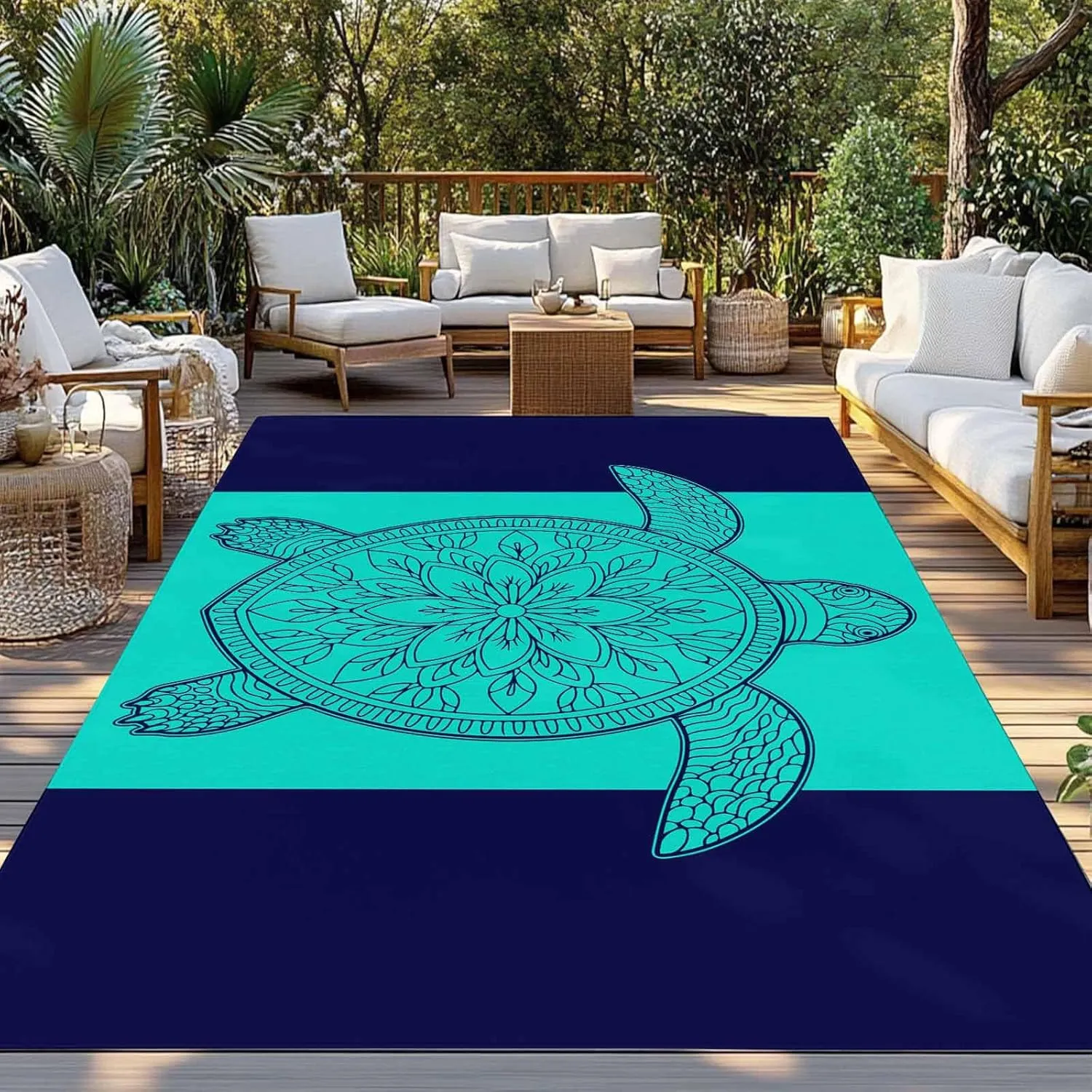 Turtle Mandalas Outdoor Rug 4x6ft Large Patio Rug,Washable RV Camping Outside Area Runner Rug Mat,Boho Modern Abstract Blue Stripe Summer Carpet for Picnic Backyard Deck Porch Balcony Beach & Indoor