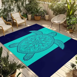 Turtle Mandalas Outdoor Rug 4x6ft Large Patio Rug,Washable RV Camping Outside Area Runner Rug Mat,Boho Modern Abstract Blue Stripe Summer Carpet for Picnic Backyard Deck Porch Balcony Beach & Indoor