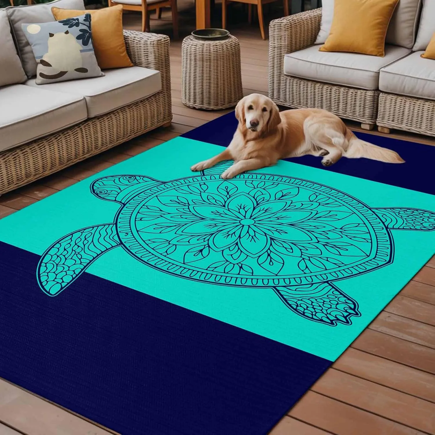 Turtle Mandalas Outdoor Rug 4x6ft Large Patio Rug,Washable RV Camping Outside Area Runner Rug Mat,Boho Modern Abstract Blue Stripe Summer Carpet for Picnic Backyard Deck Porch Balcony Beach & Indoor