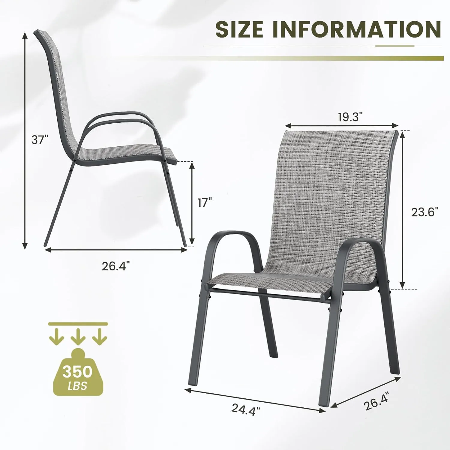UDPATIO Patio Chairs Set of 6, Stackable Outdoor Dining Chairs for All Weather, Outdoor Furniture with Breathable Textilene Fabric, 350LBS Capacity, for Garden, Backyard, Deck (Light Grey)