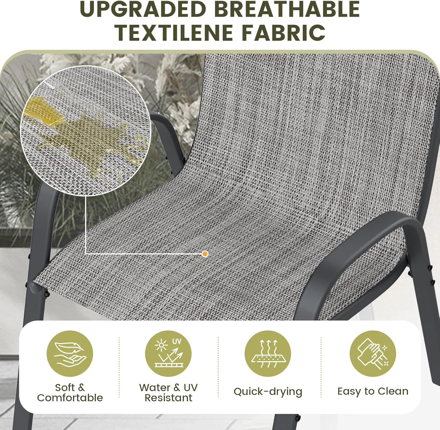 UDPATIO Patio Chairs Set of 6, Stackable Outdoor Dining Chairs for All Weather, Outdoor Furniture with Breathable Textilene Fabric, 350LBS Capacity, for Garden, Backyard, Deck (Light Grey)