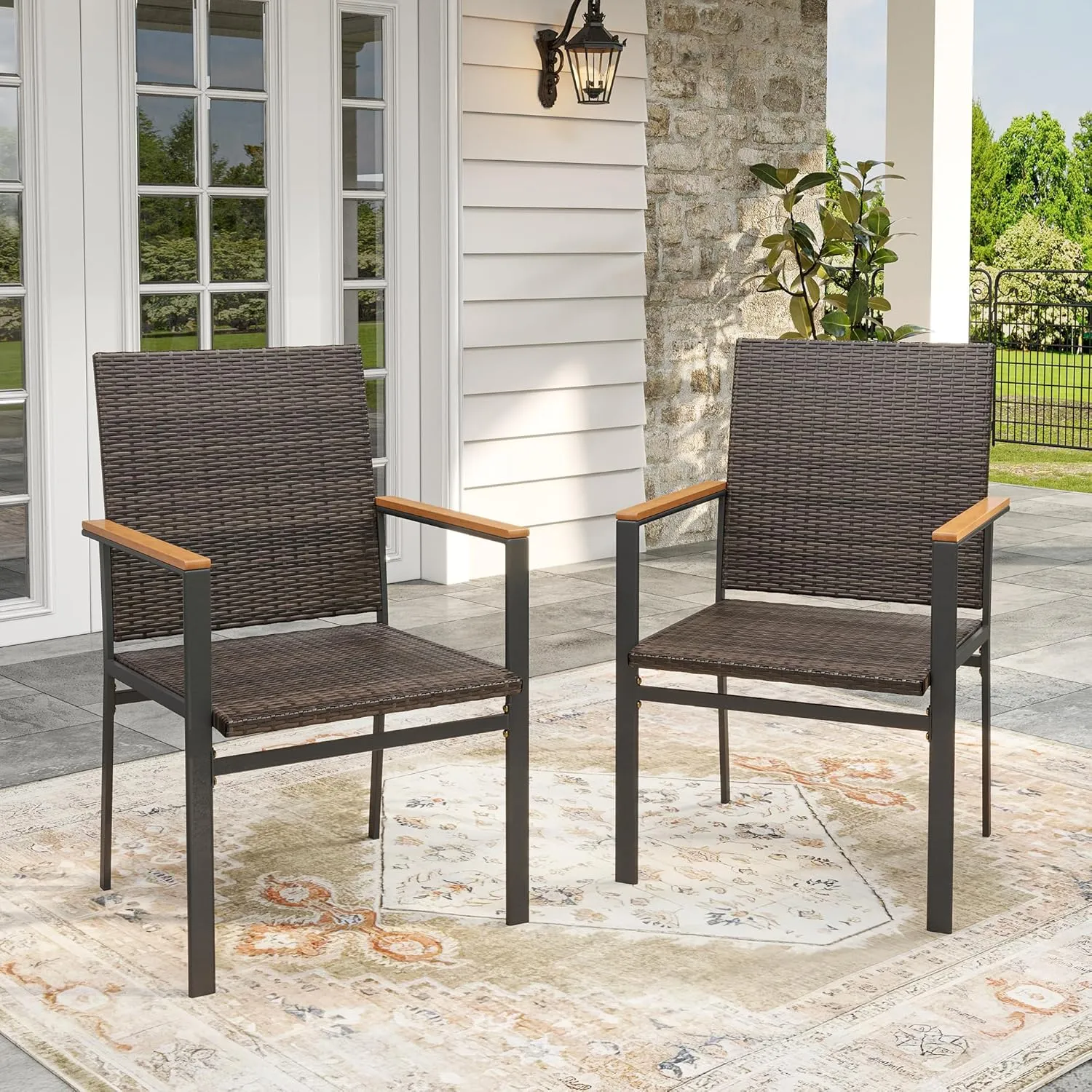 VICLLAX Patio Dining Chairs Set of 2, Premium All-Weather Outdoor Wicker Chair with Sturdy Iron Frame and Wood Pads Stylish Patio Seating, Brown Rattan