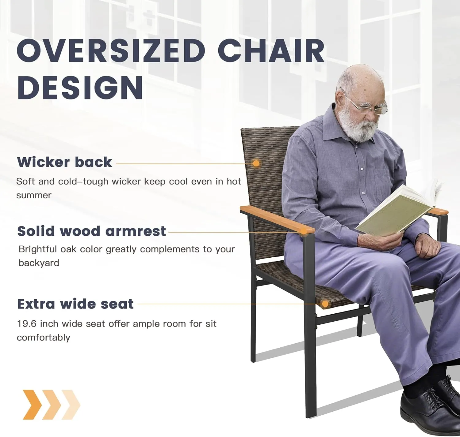 VICLLAX Patio Dining Chairs Set of 2, Premium All-Weather Outdoor Wicker Chair with Sturdy Iron Frame and Wood Pads Stylish Patio Seating, Brown Rattan