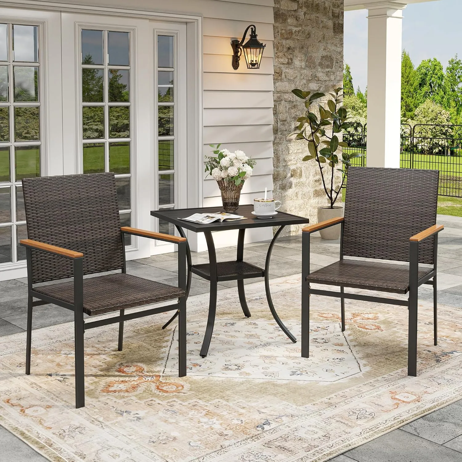VICLLAX Patio Dining Chairs Set of 2, Premium All-Weather Outdoor Wicker Chair with Sturdy Iron Frame and Wood Pads Stylish Patio Seating, Brown Rattan