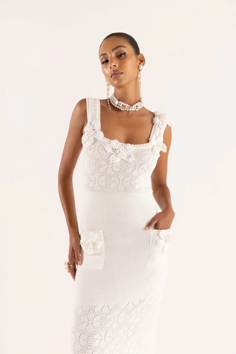 WITH EMBROIDERY KNIT VANILLA Flawless HANDMADE Price-slash deal WHITE DRESS SR