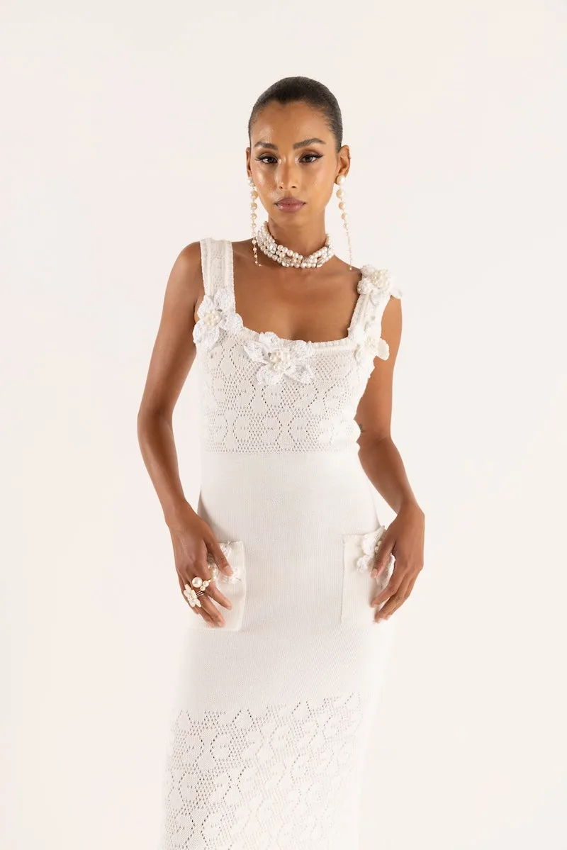 WITH EMBROIDERY KNIT VANILLA Flawless HANDMADE Price-slash deal WHITE DRESS SR