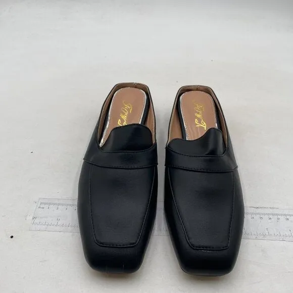 Women Luxury Leather Mules, Closed Square Toe Loafer, Med Chunky Heel Black Shoe