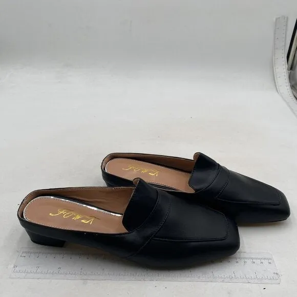 Women Luxury Leather Mules, Closed Square Toe Loafer, Med Chunky Heel Black Shoe