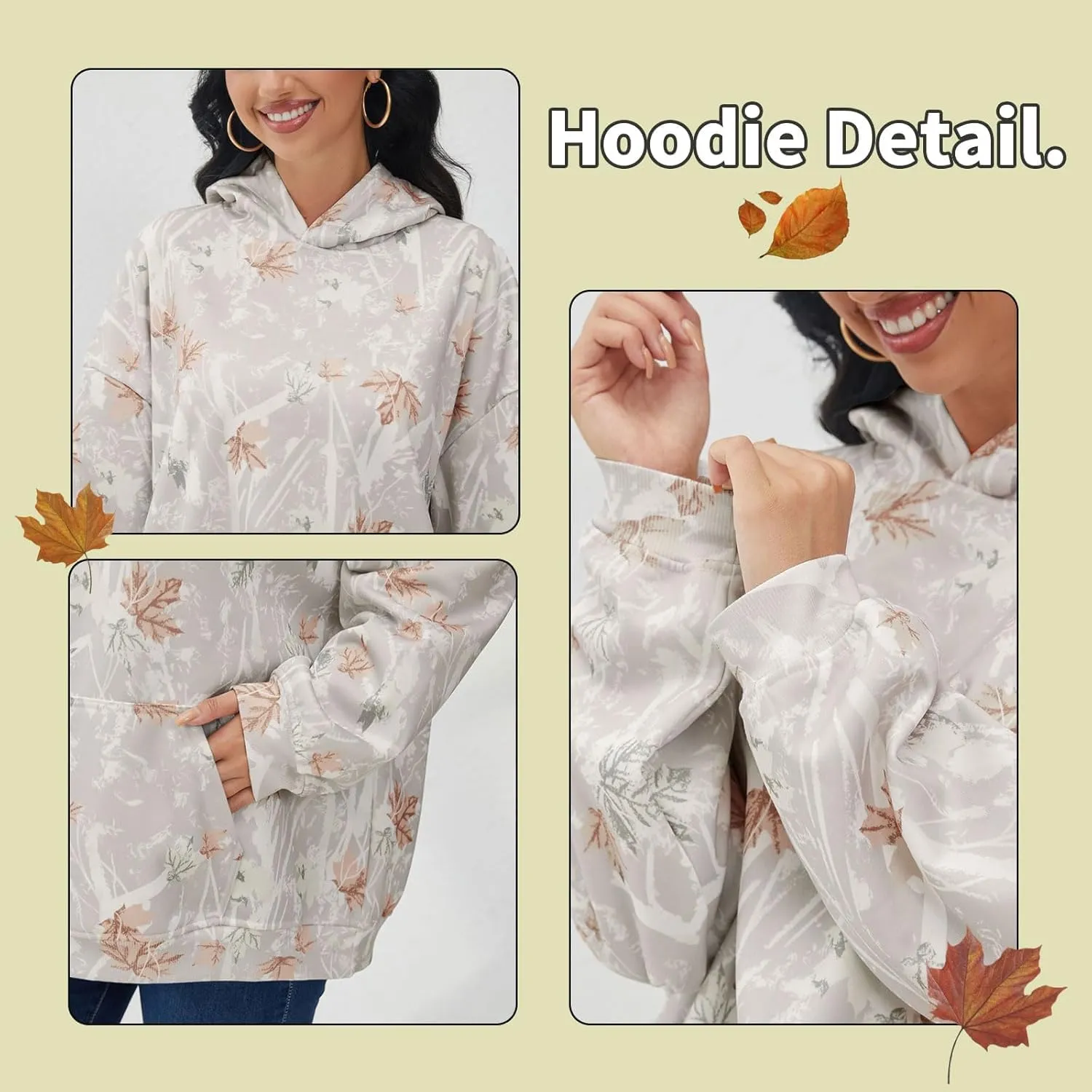 Women Oversized Fleece Camo Hoodies Maple Leaf Hooded Sweatshirt Casual Long Sleeve Fall Pullover Tops With Pockets