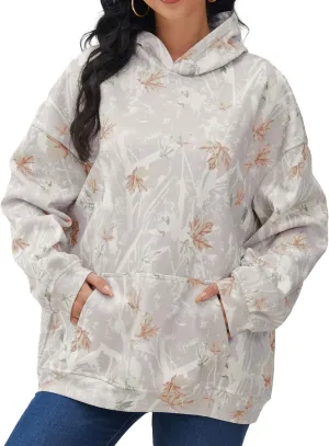 Women Oversized Fleece Camo Hoodies Maple Leaf Hooded Sweatshirt Casual Long Sleeve Fall Pullover Tops With Pockets