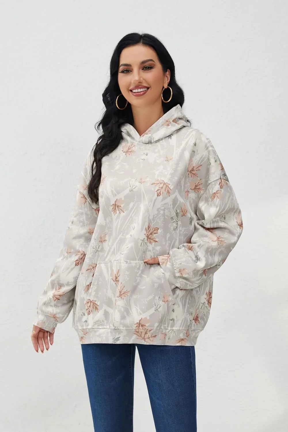 Women Oversized Fleece Camo Hoodies Maple Leaf Hooded Sweatshirt Casual Long Sleeve Fall Pullover Tops With Pockets