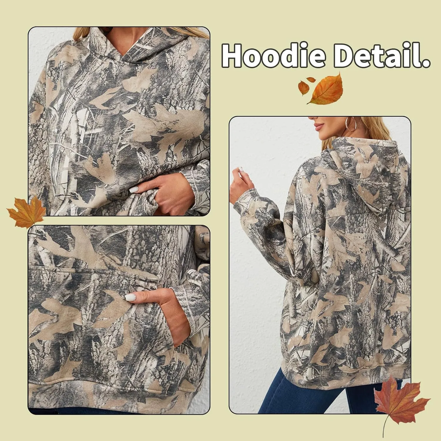 Women Oversized Fleece Camo Hoodies Maple Leaf Hooded Sweatshirt Casual Long Sleeve Fall Pullover Tops With Pockets