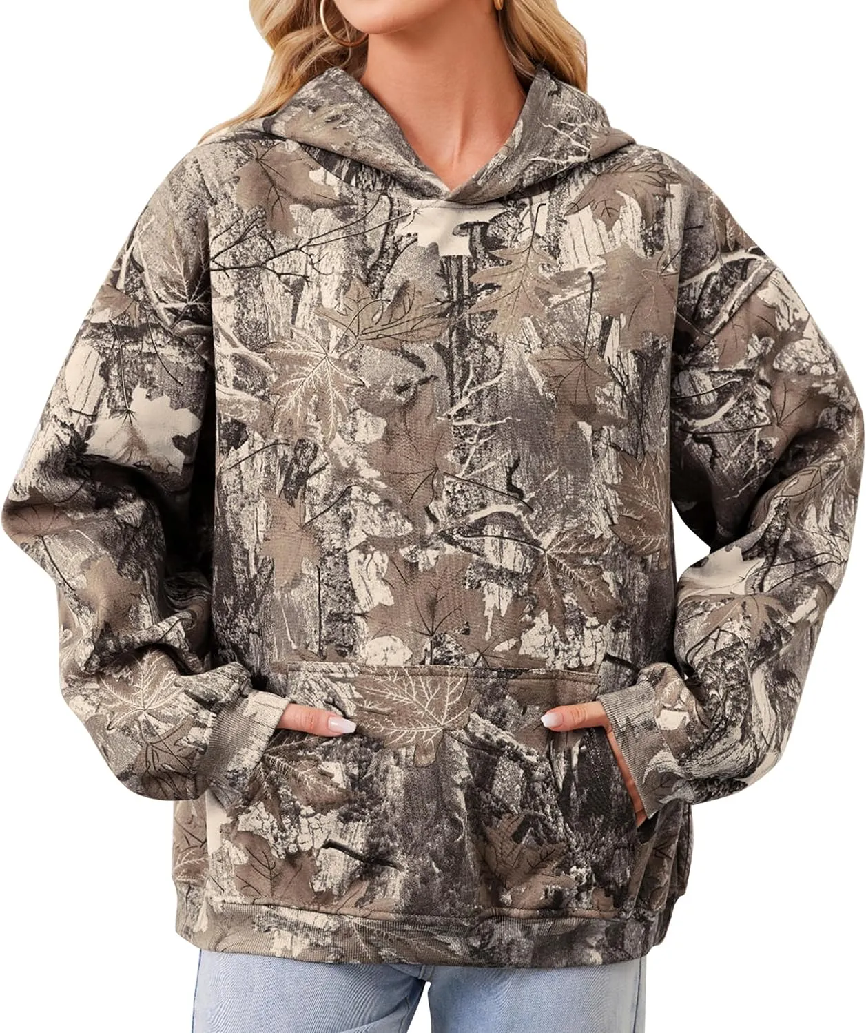 Women Oversized Fleece Camo Hoodies Maple Leaf Hooded Sweatshirt Casual Long Sleeve Fall Pullover Tops With Pockets