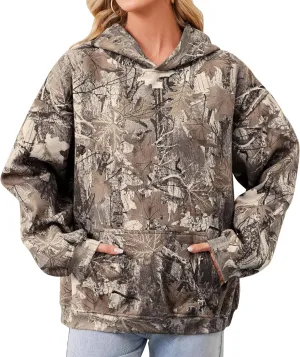 Women Oversized Fleece Camo Hoodies Maple Leaf Hooded Sweatshirt Casual Long Sleeve Fall Pullover Tops With Pockets