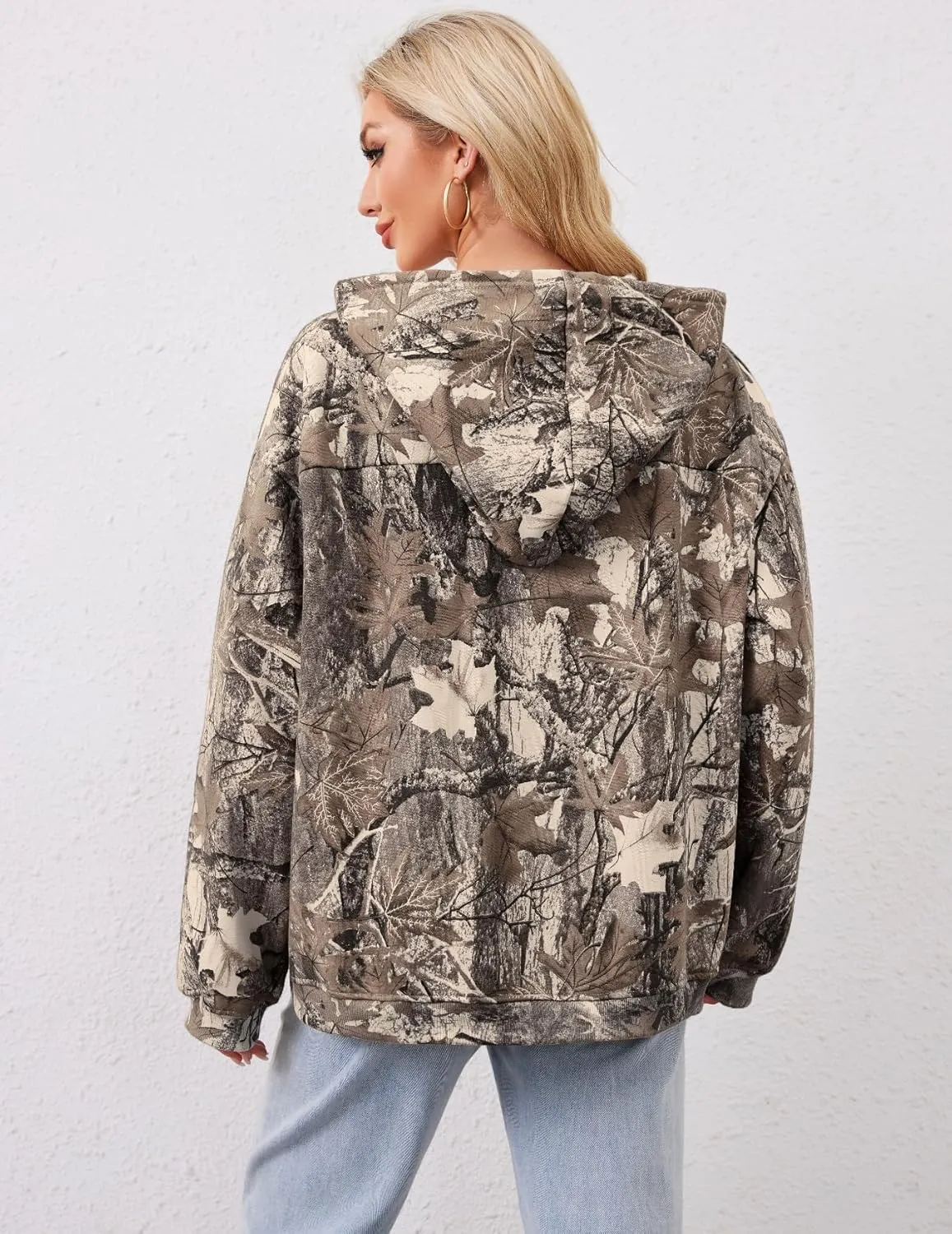 Women Oversized Fleece Camo Hoodies Maple Leaf Hooded Sweatshirt Casual Long Sleeve Fall Pullover Tops With Pockets