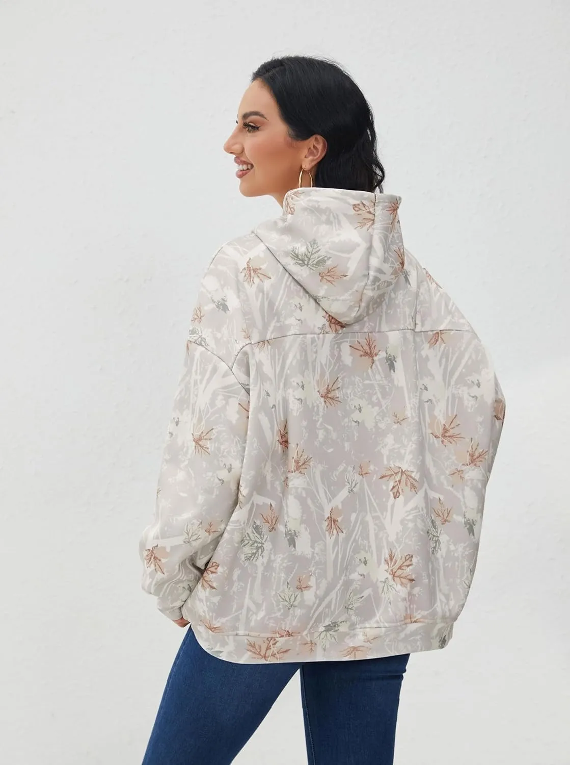 Women Oversized Fleece Camo Hoodies Maple Leaf Hooded Sweatshirt Casual Long Sleeve Fall Pullover Tops With Pockets