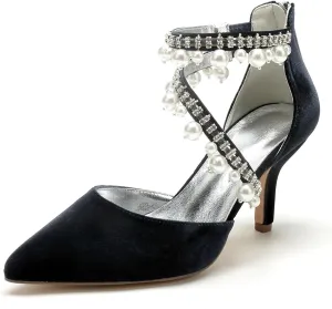 Womens Bridal Shoes Pointed Toe Wedding Shoes High Heel Beaded Pumps Heeled Ankle Buckle Court Sandals Evening Party Dress Stiletto,Black,10