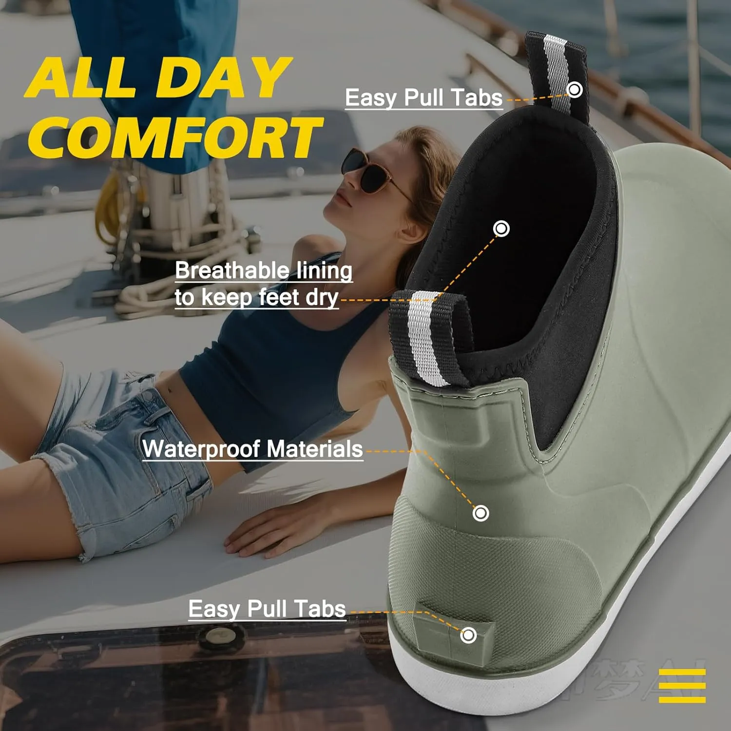 Women's Deck Boots, Rubber Rain Boots Chelsea Ankle Booties with Anti-Slip Sole Waterproof Fishing Shoes for Outdoor Work Garden Camping