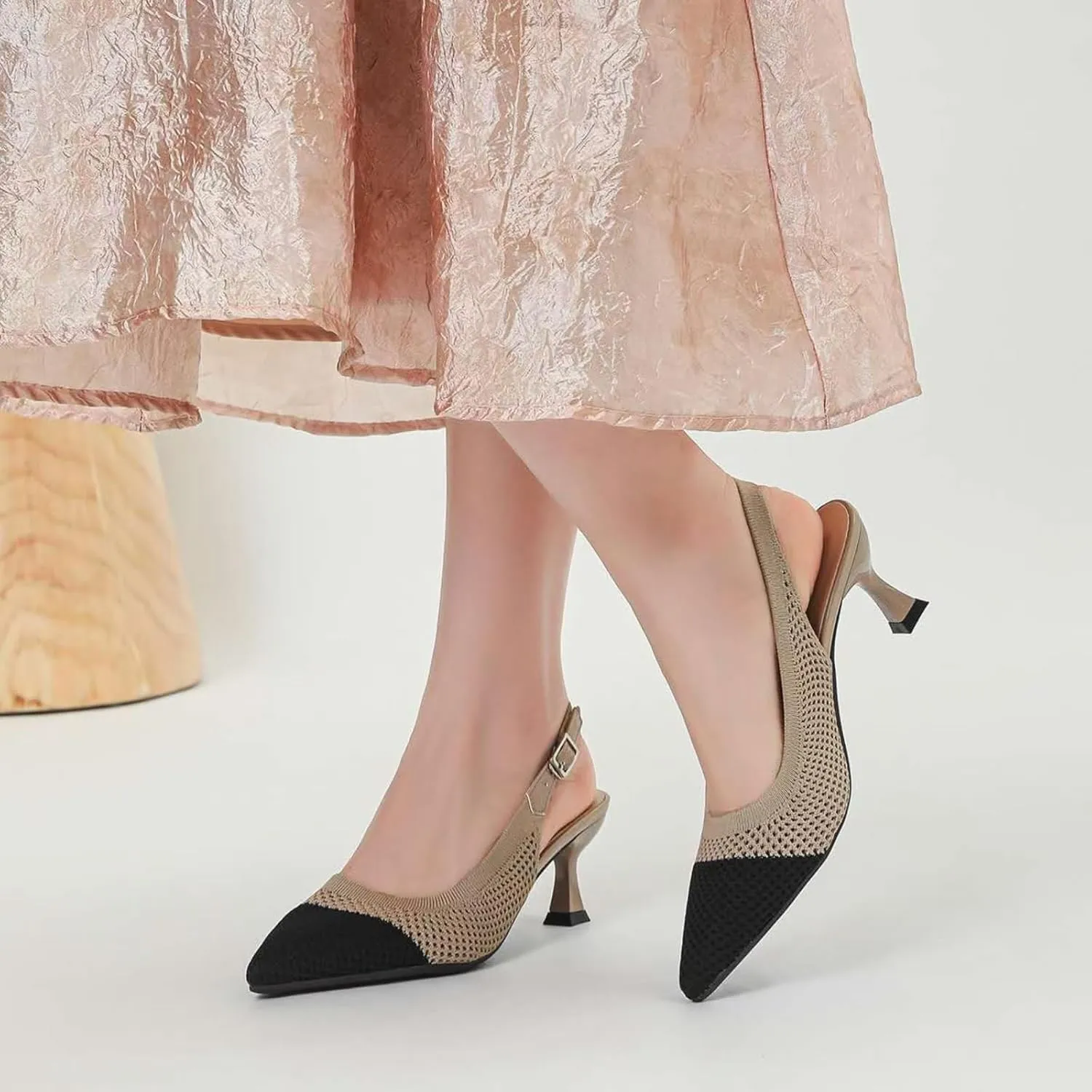 Womens Hollow Mesh Knitted Kitten Heels Slingback Work Pumps Comfortable Breathable Closed Pointed Toe Stylish Dressy Party Formal Shoes