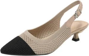 Womens Hollow Mesh Knitted Kitten Heels Slingback Work Pumps Comfortable Breathable Closed Pointed Toe Stylish Dressy Party Formal Shoes