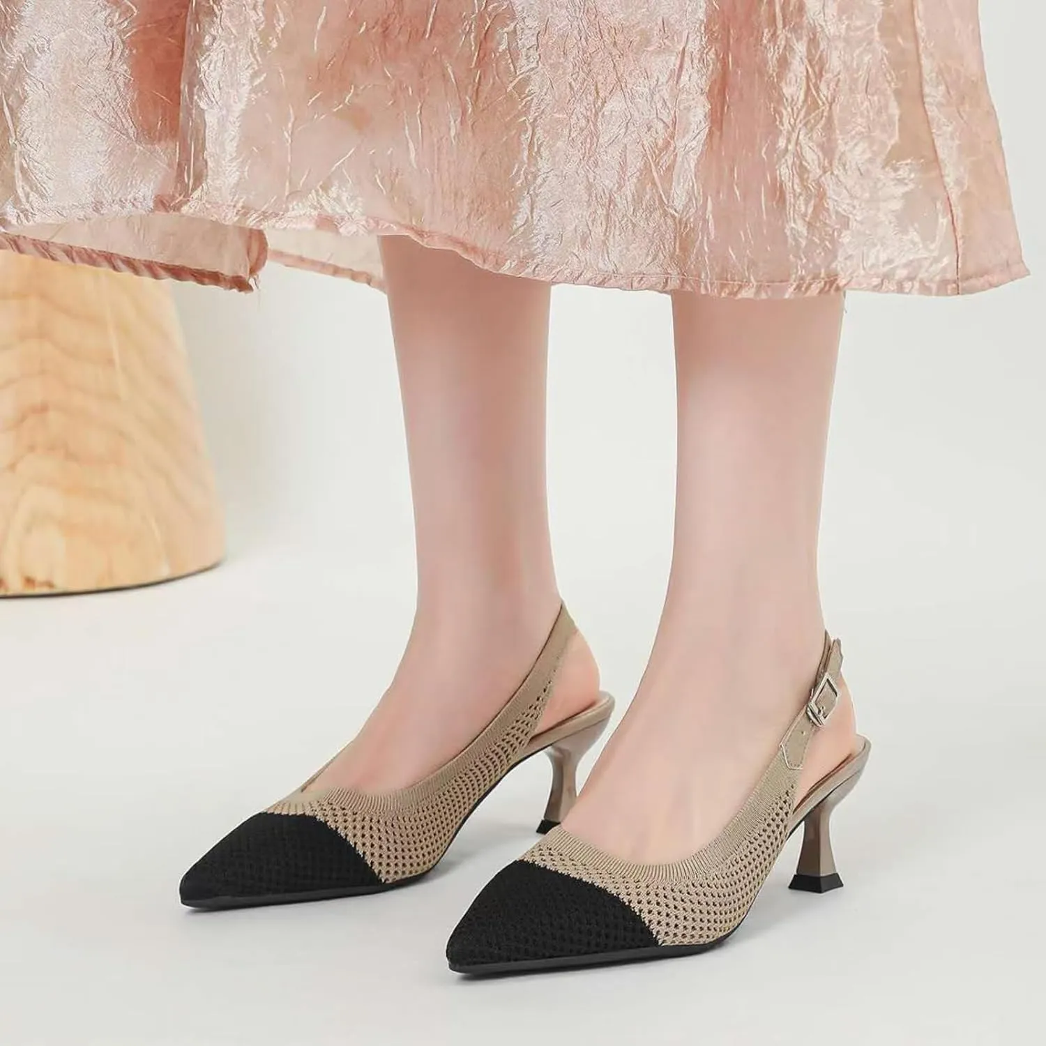 Womens Hollow Mesh Knitted Kitten Heels Slingback Work Pumps Comfortable Breathable Closed Pointed Toe Stylish Dressy Party Formal Shoes
