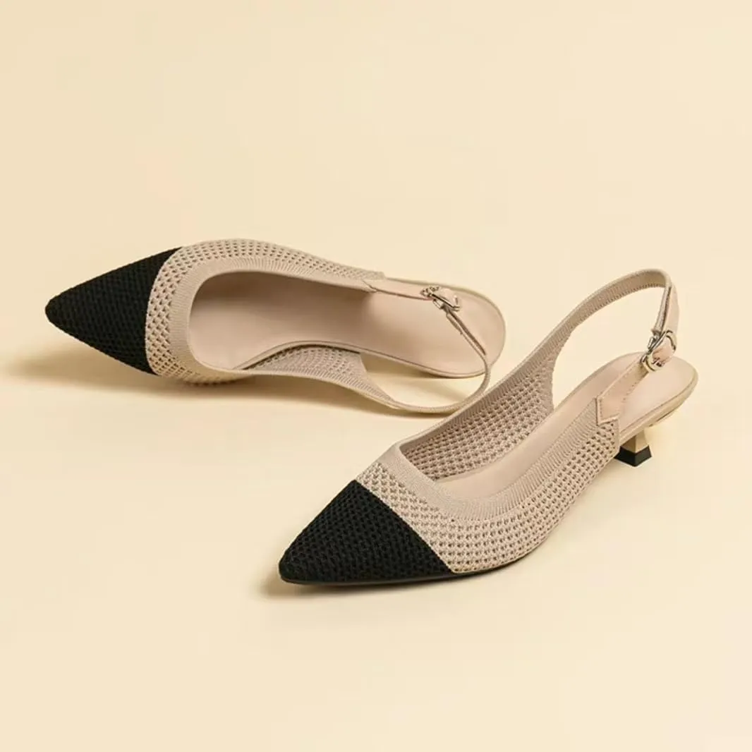Womens Hollow Mesh Knitted Kitten Heels Slingback Work Pumps Comfortable Breathable Closed Pointed Toe Stylish Dressy Party Formal Shoes