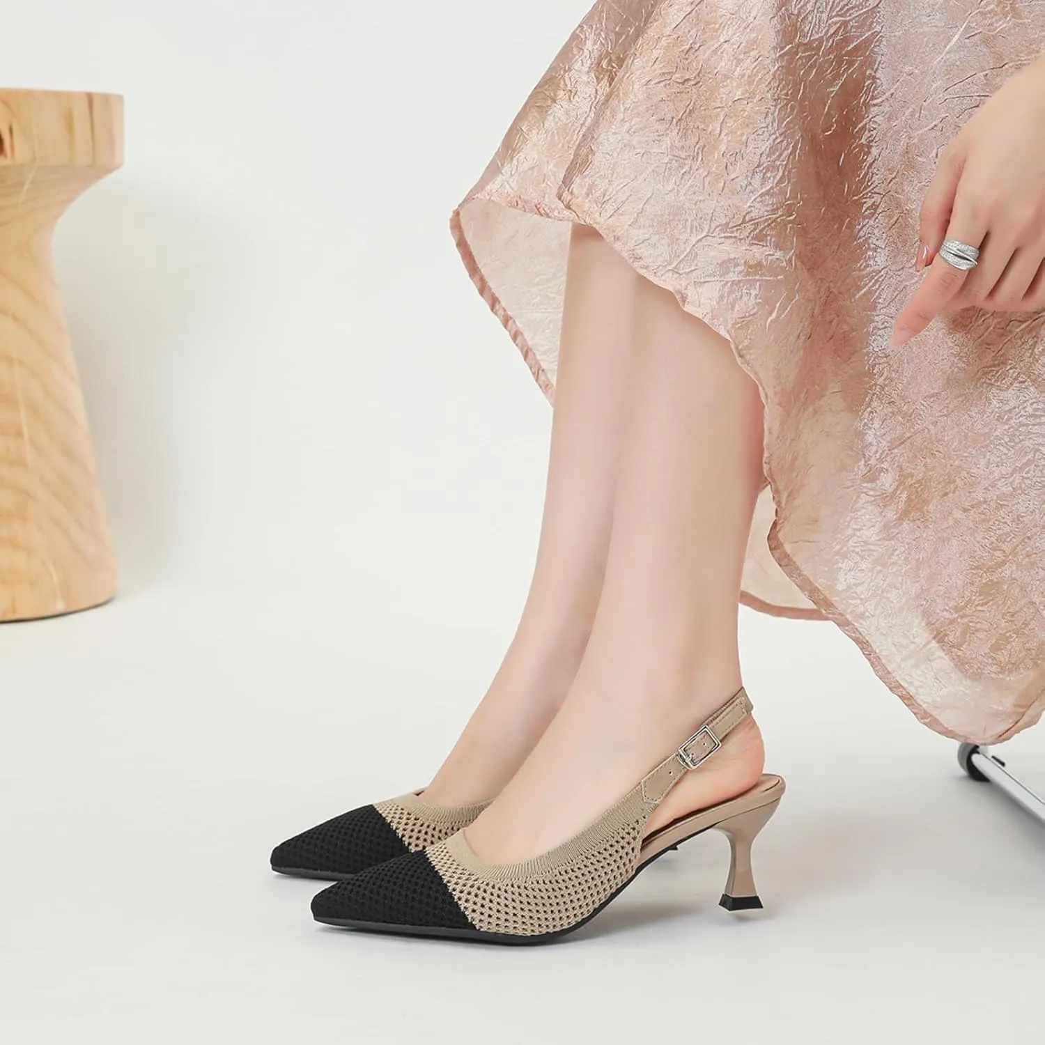 Womens Hollow Mesh Knitted Kitten Heels Slingback Work Pumps Comfortable Breathable Closed Pointed Toe Stylish Dressy Party Formal Shoes