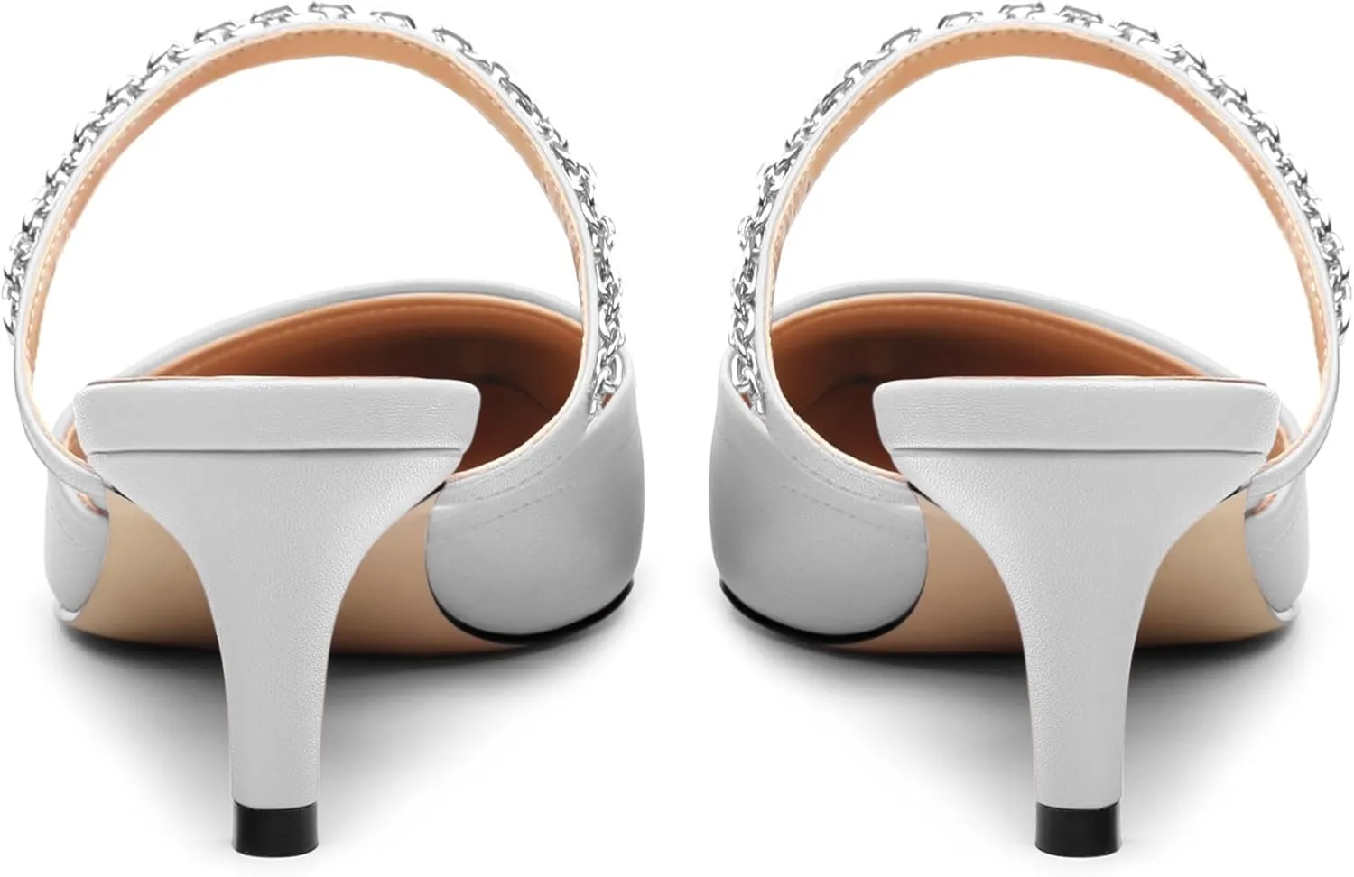 Women's Kitten Heel Pumps, Pointed Toe Open Heel Mule Shoes, Silver Chain Embellished Strap, Dress Slingback Party Heels.