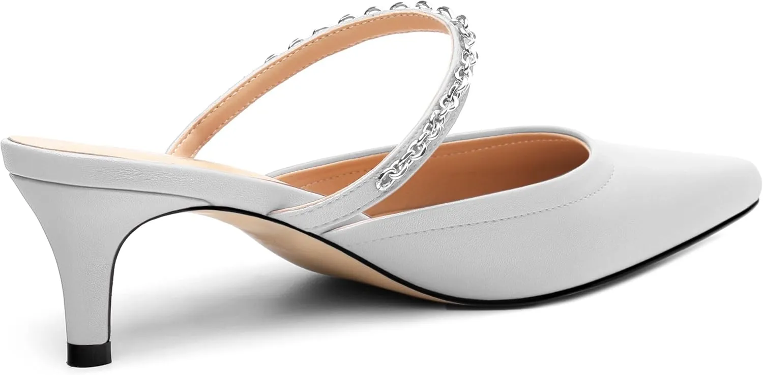 Women's Kitten Heel Pumps, Pointed Toe Open Heel Mule Shoes, Silver Chain Embellished Strap, Dress Slingback Party Heels.