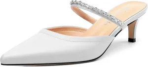 Women's Kitten Heel Pumps, Pointed Toe Open Heel Mule Shoes, Silver Chain Embellished Strap, Dress Slingback Party Heels.