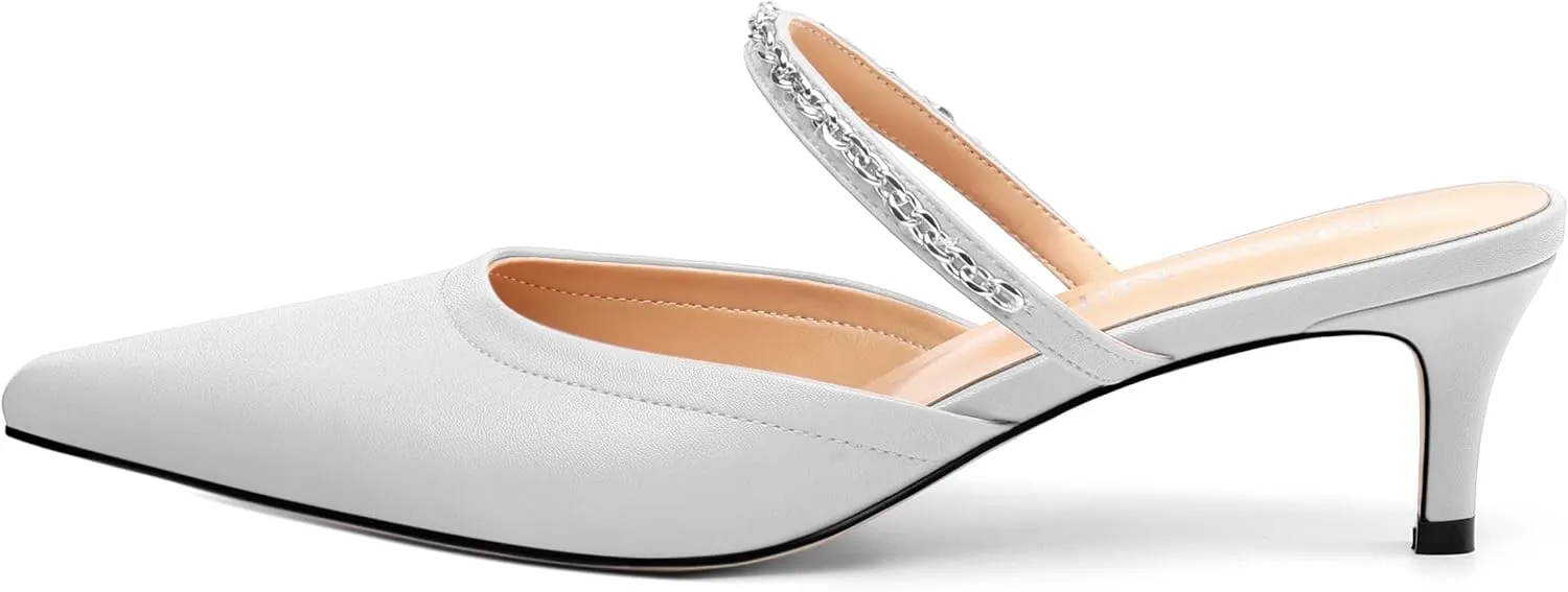 Women's Kitten Heel Pumps, Pointed Toe Open Heel Mule Shoes, Silver Chain Embellished Strap, Dress Slingback Party Heels.