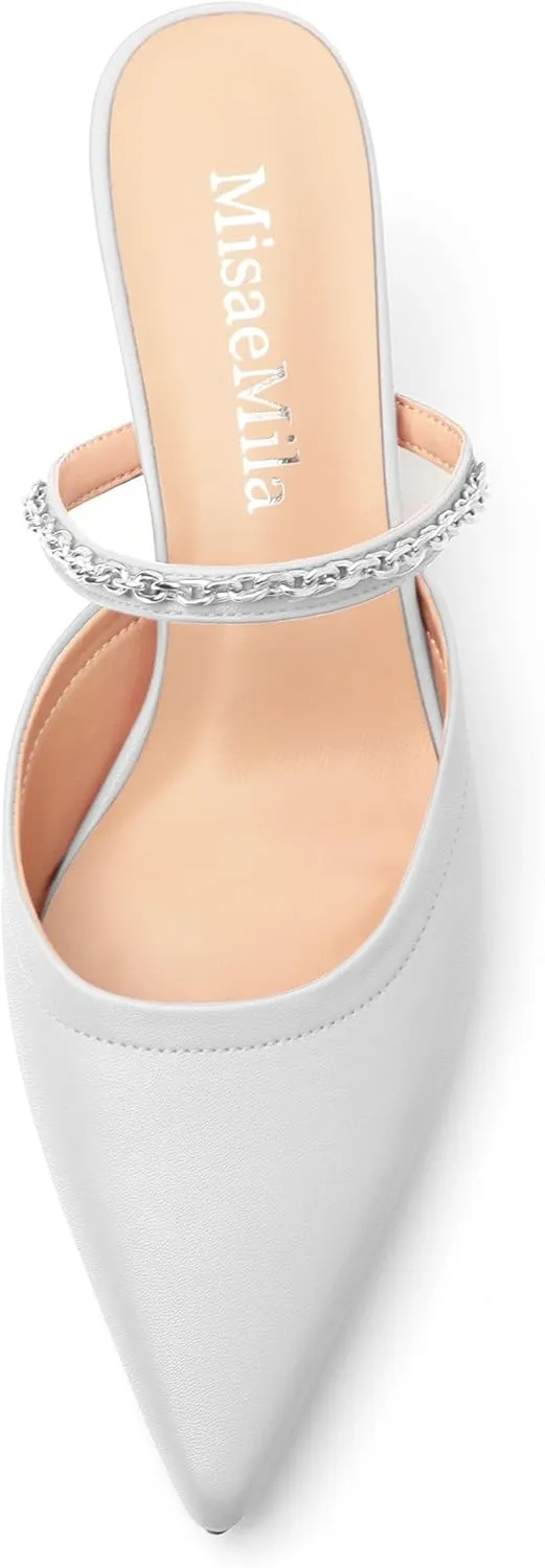 Women's Kitten Heel Pumps, Pointed Toe Open Heel Mule Shoes, Silver Chain Embellished Strap, Dress Slingback Party Heels.