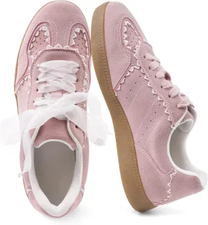 Women's Lace Detail Lace-Up Casual Sneakers - Elegant Ribbon Ribbon Lace Walking Shoes Non-Slip Sole Breathable Comfort for Daily Outfits