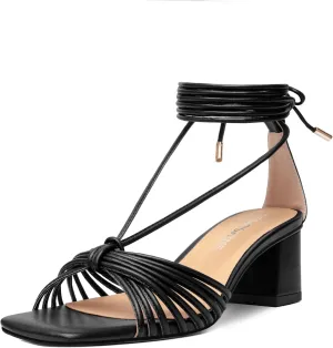 Womens Lace Up Evening Matte Open Toe Ankle Wrap Dress Strappy Chunky Low Heel Heeled Sandals 2.2 Inch