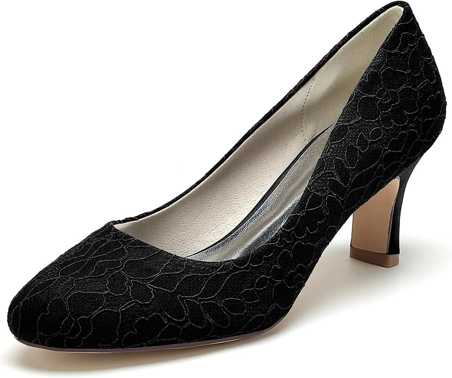 Womens Pumps Heels Comfy Kitten Heel Heeled Closed Round Toe Wedding Bridal Shoes for Bride Lace Bridesmaids Dress Shoes