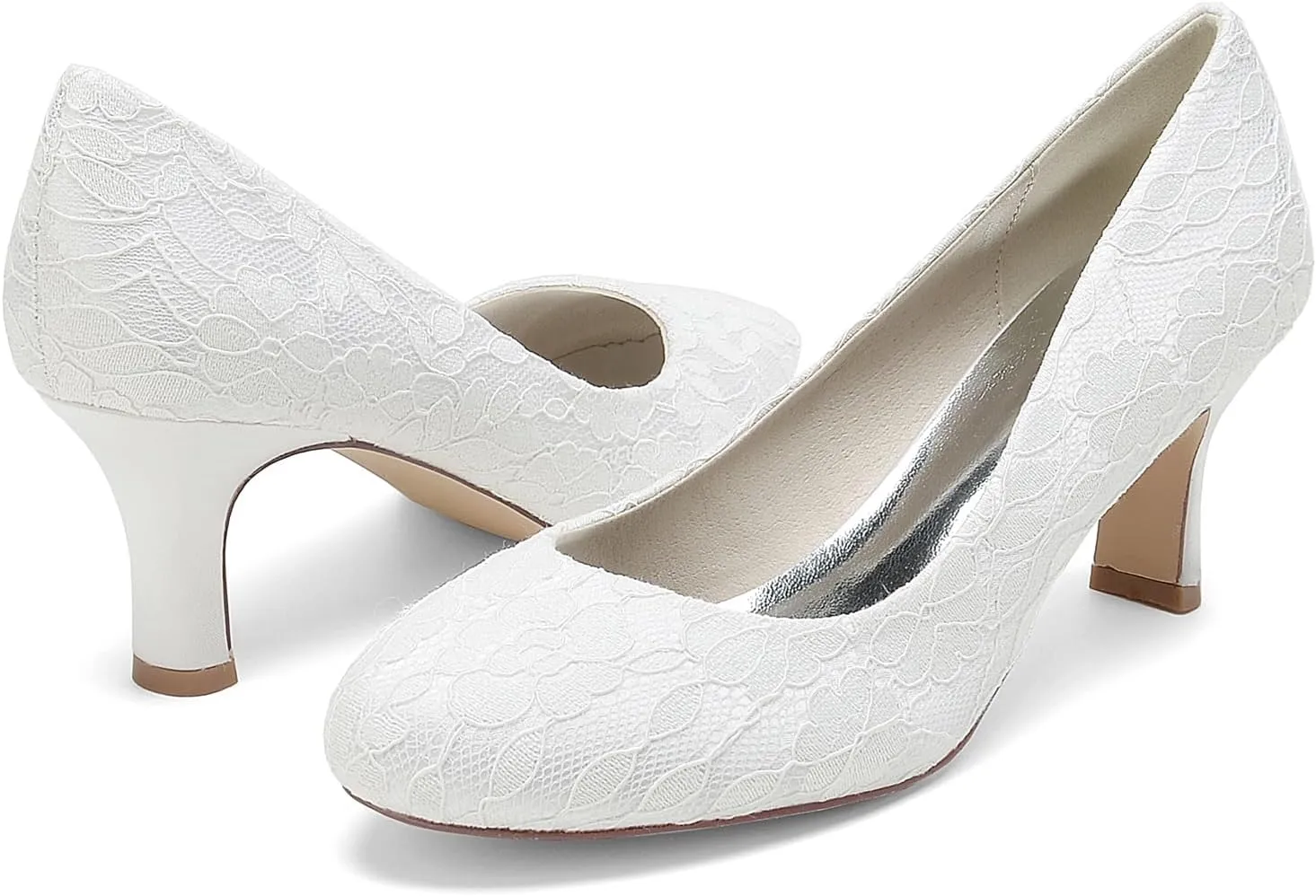 Womens Pumps Heels Comfy Kitten Heel Heeled Closed Round Toe Wedding Bridal Shoes for Bride Lace Bridesmaids Dress Shoes