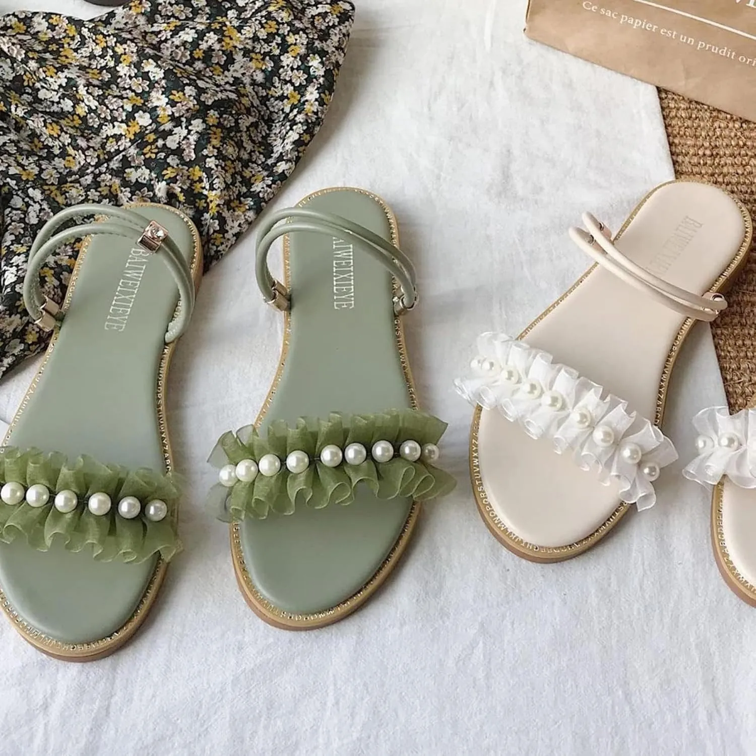 Women's Summer Casual Sandals Fish Mouth Pearl Lace Ruffle Edge Dual Purpose Slippers Fairy Style Beach Sandals