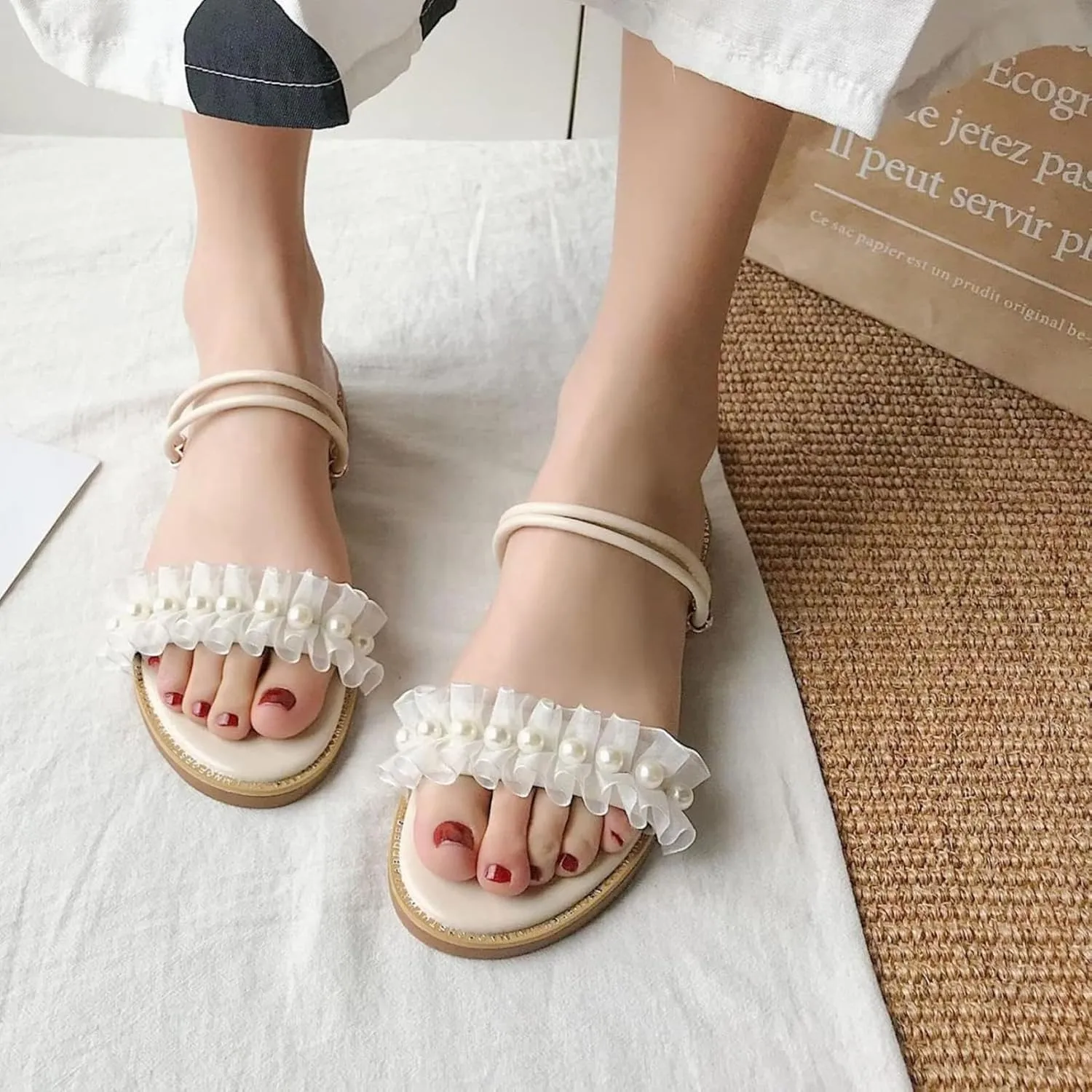 Women's Summer Casual Sandals Fish Mouth Pearl Lace Ruffle Edge Dual Purpose Slippers Fairy Style Beach Sandals
