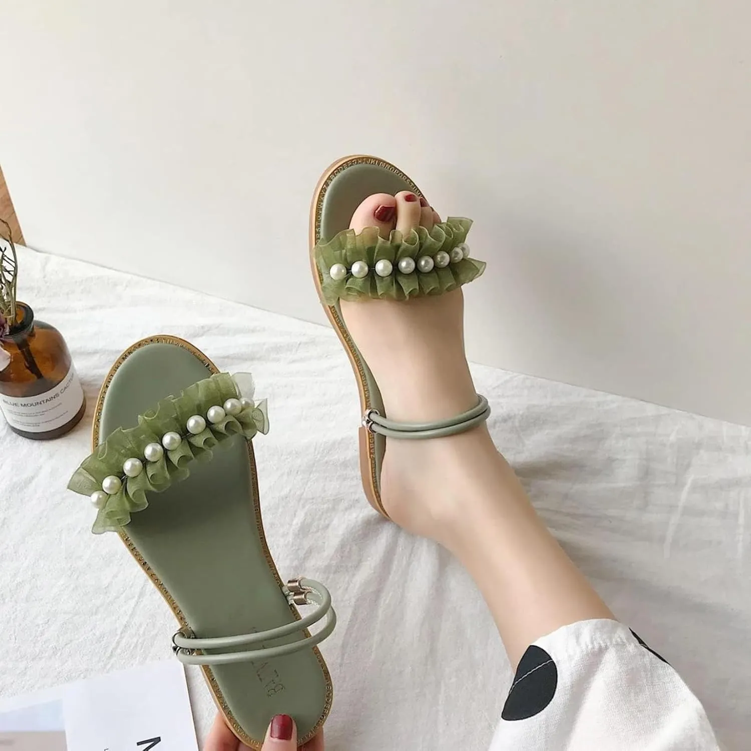 Women's Summer Casual Sandals Fish Mouth Pearl Lace Ruffle Edge Dual Purpose Slippers Fairy Style Beach Sandals