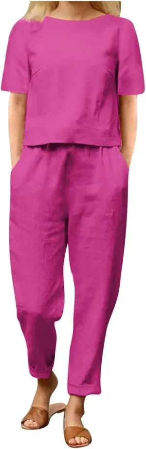 Womens Summer Linen 2 Piece Outfits Beach Vacation Sets Short Sleeve Crop Top Straight Leg Pants Tracksuit Matching Set