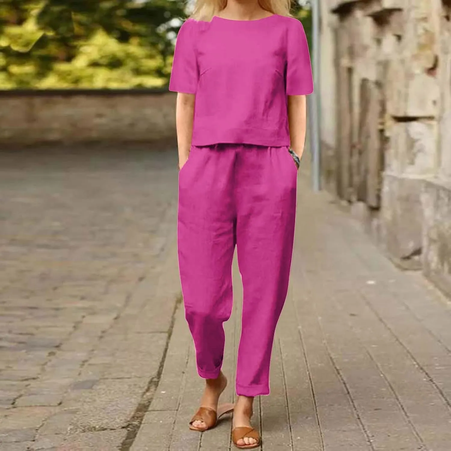 Womens Summer Linen 2 Piece Outfits Beach Vacation Sets Short Sleeve Crop Top Straight Leg Pants Tracksuit Matching Set
