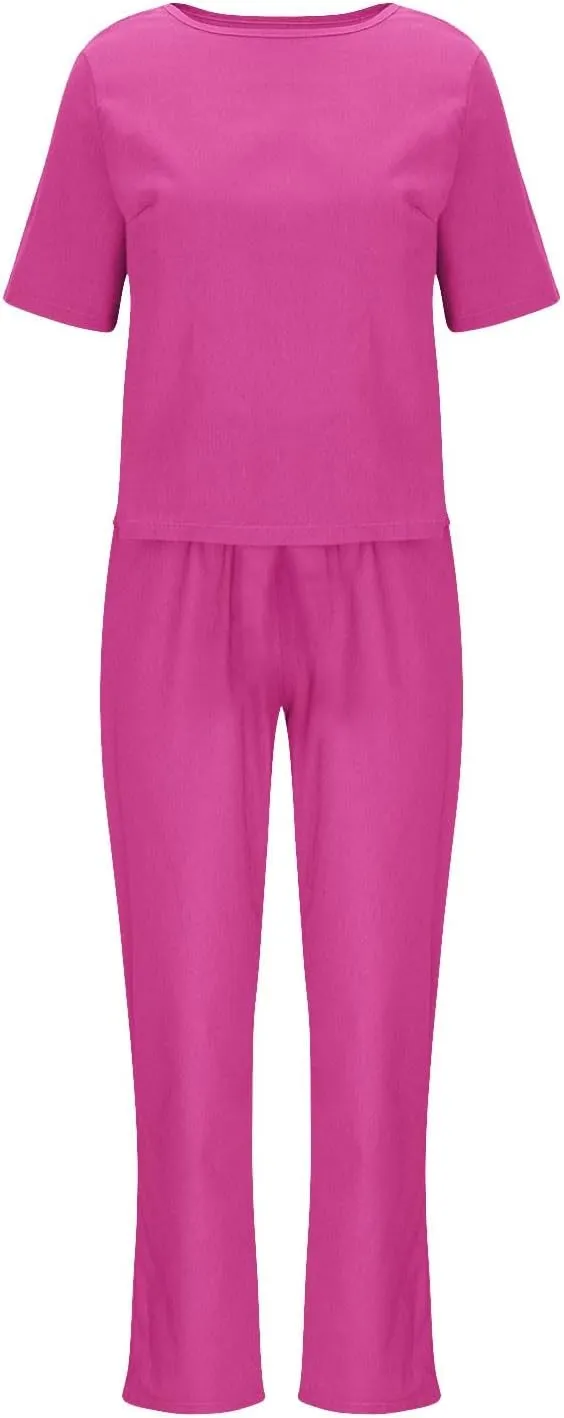 Womens Summer Linen 2 Piece Outfits Beach Vacation Sets Short Sleeve Crop Top Straight Leg Pants Tracksuit Matching Set