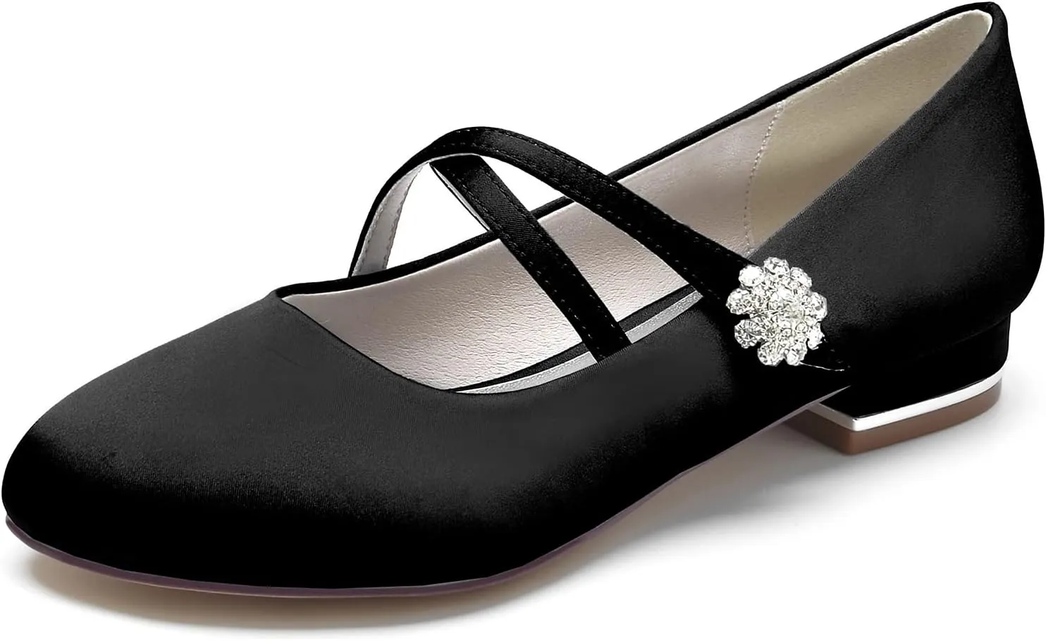Women's Wedding Dress Shoes for Bride Flats, Pointed Toe Ankle Buckle Strap Closed Toe Lace Satin Evening Party Sandals Flat Pumps