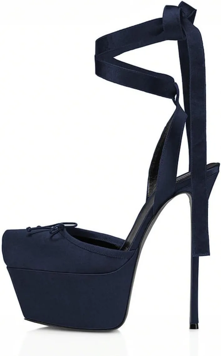 XYD Women Ribbon Lace-up Pumps Square Toe Ankle Strappy Bowknot Platform Stiletto Heels Evening Prom Shoes