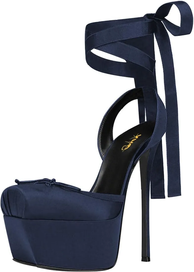 XYD Women Ribbon Lace-up Pumps Square Toe Ankle Strappy Bowknot Platform Stiletto Heels Evening Prom Shoes