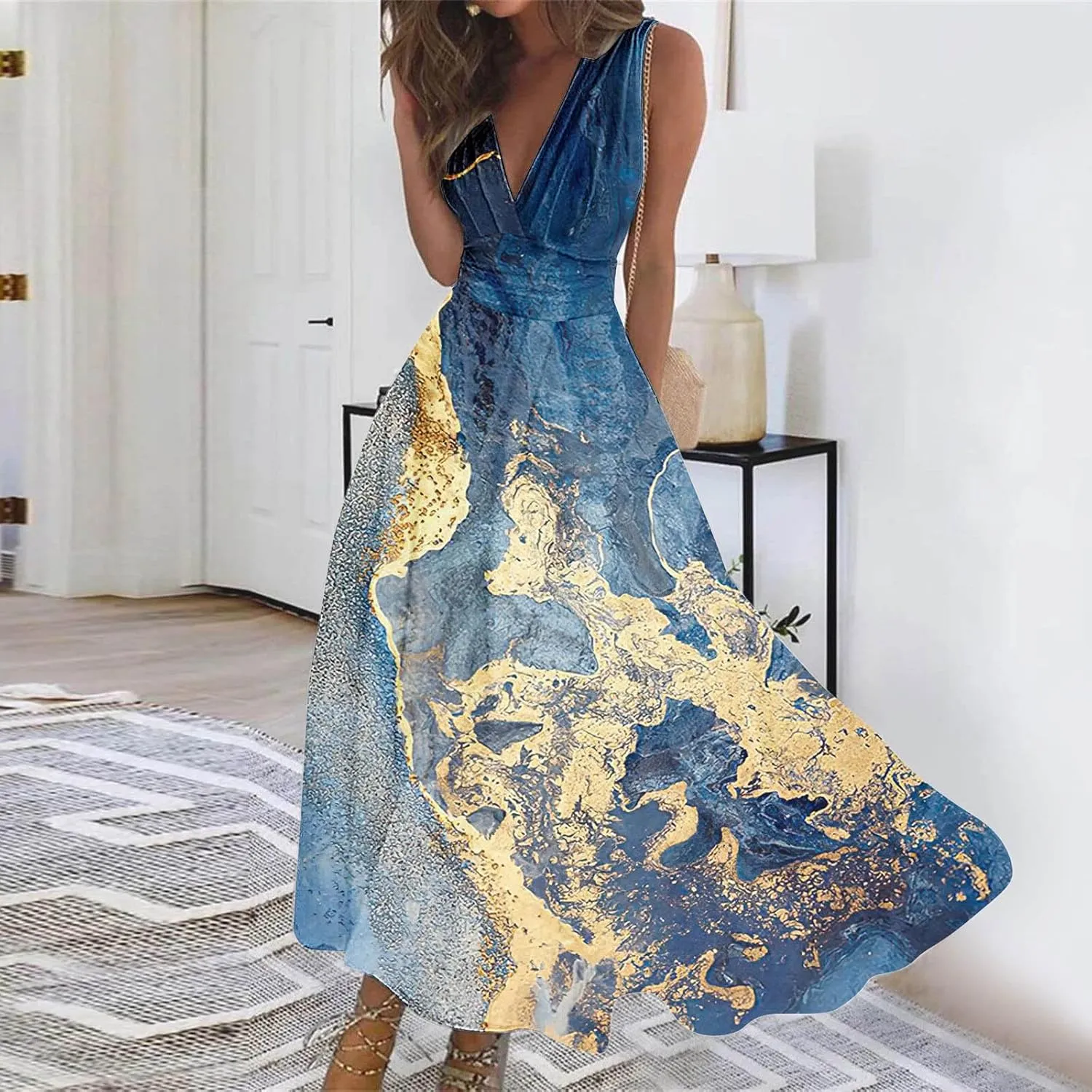 ZDRZK Women's Casual Dresses Sleeveless Wrapped Chest Maxi Dresses Marble Print Sexy Flowy Summer Dresses Trendy 2024